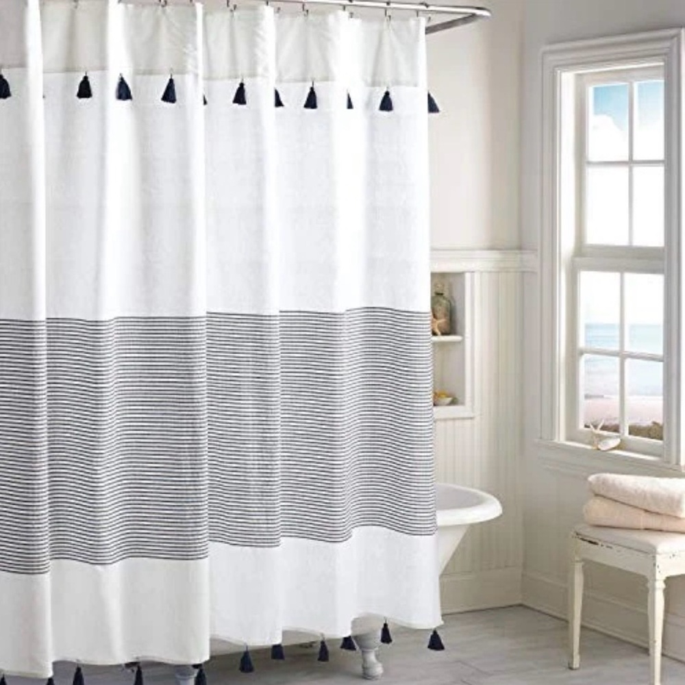 New Panama Stripe Boho Farmhouse Tassel Shower 72"W x 72"L White Navy Cotton